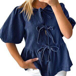 Womens Denim Tie Front Tops Babydoll Peplum Puff Sleeve Jean Shirts Crew Neck Su